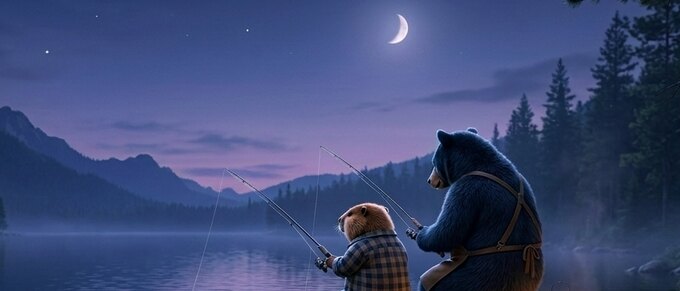 Boone the bear and Marlow the marmot, friends, side by side at dusk